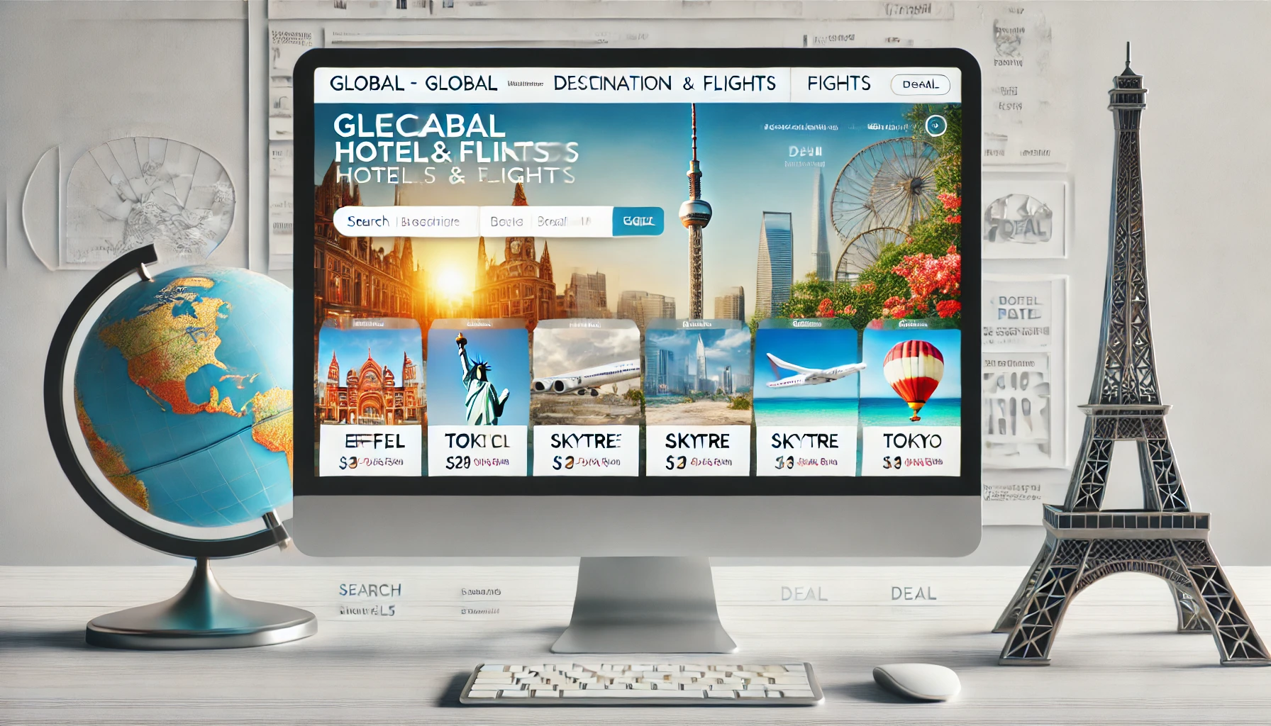 A sleek, modern webpage interface for a global online travel booking site, showcasing various discounted hotels and flights on a clean white background with attractive deal banners. The design includes search bars for destination and date, with images of famous landmarks such as the Eiffel Tower, Tokyo Skytree, and tropical beaches. No people are present, just the website design interface focusing on affordability and ease of booking.