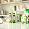 A Japanese company that provides health-conscious products like vegetable juice, green juice, and miso soup. The first image shows a stylish kitchen counter with these health products neatly arranged, focusing on their packaging. The products include small bottles of vegetable juice, packets of green juice, and freeze-dried miso soup packs, all with clean and modern Japanese branding. The setting is clean, fresh, and bright, emphasizing a healthy lifestyle.