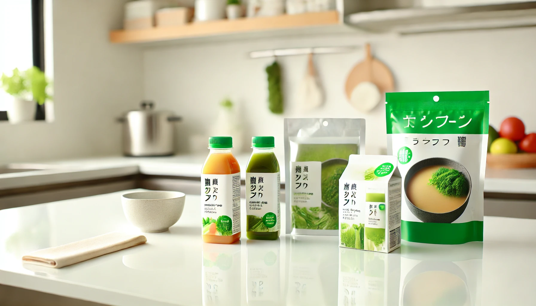 A Japanese company that provides health-conscious products like vegetable juice, green juice, and miso soup. The first image shows a stylish kitchen counter with these health products neatly arranged, focusing on their packaging. The products include small bottles of vegetable juice, packets of green juice, and freeze-dried miso soup packs, all with clean and modern Japanese branding. The setting is clean, fresh, and bright, emphasizing a healthy lifestyle.