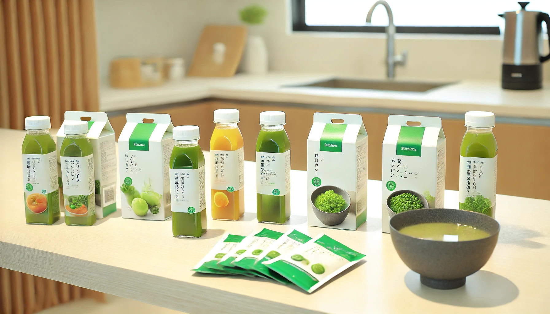 A Japanese company that provides health-conscious products like vegetable juice, green juice, and miso soup. The first image shows a stylish kitchen counter with these health products neatly arranged, focusing on their packaging. The products include small bottles of vegetable juice, packets of green juice, and freeze-dried miso soup packs, all with clean and modern Japanese branding. The setting is clean, fresh, and bright, emphasizing a healthy lifestyle.