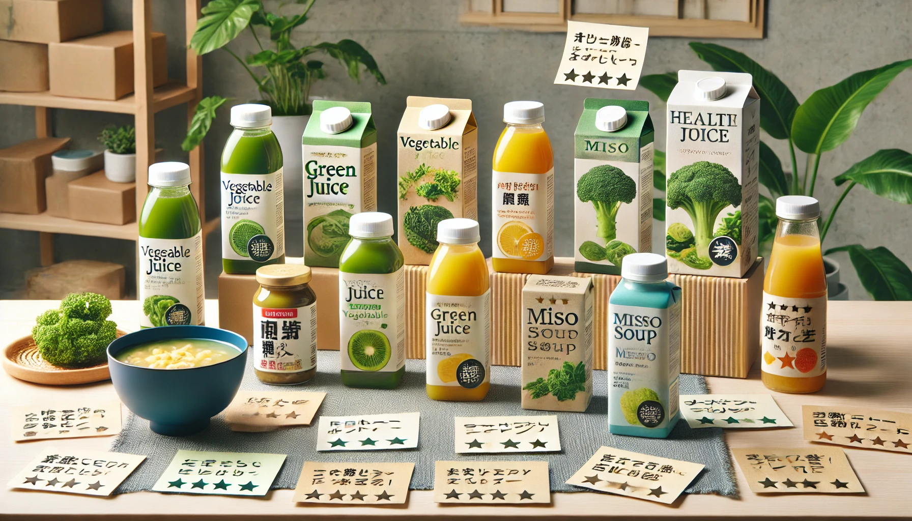 A variety of Japanese health products such as vegetable juice, green juice, and miso soup displayed on a table with various reviews or feedback notes around them. The setting includes product packaging clearly showing the brand, and there are notes or small feedback cards with short comments indicating reviews. The environment feels casual and modern, reflecting real-world feedback in a clean, fresh, and welcoming atmosphere.