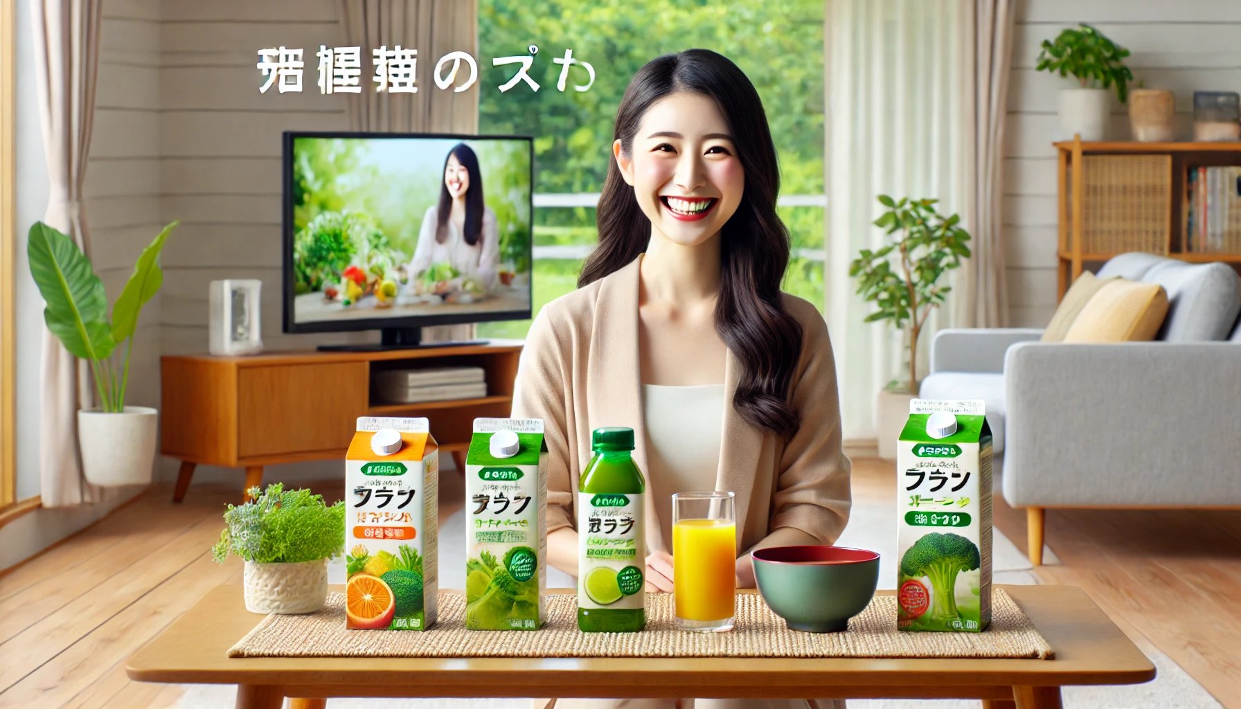 A Japanese TV commercial setting featuring health-conscious products like vegetable juice, green juice, and miso soup. The TV commercial scene includes a cheerful Japanese woman in a modern living room setting. She is happily talking about the health benefits of these products. The atmosphere is bright, clean, and positive, emphasizing wellness and energy.