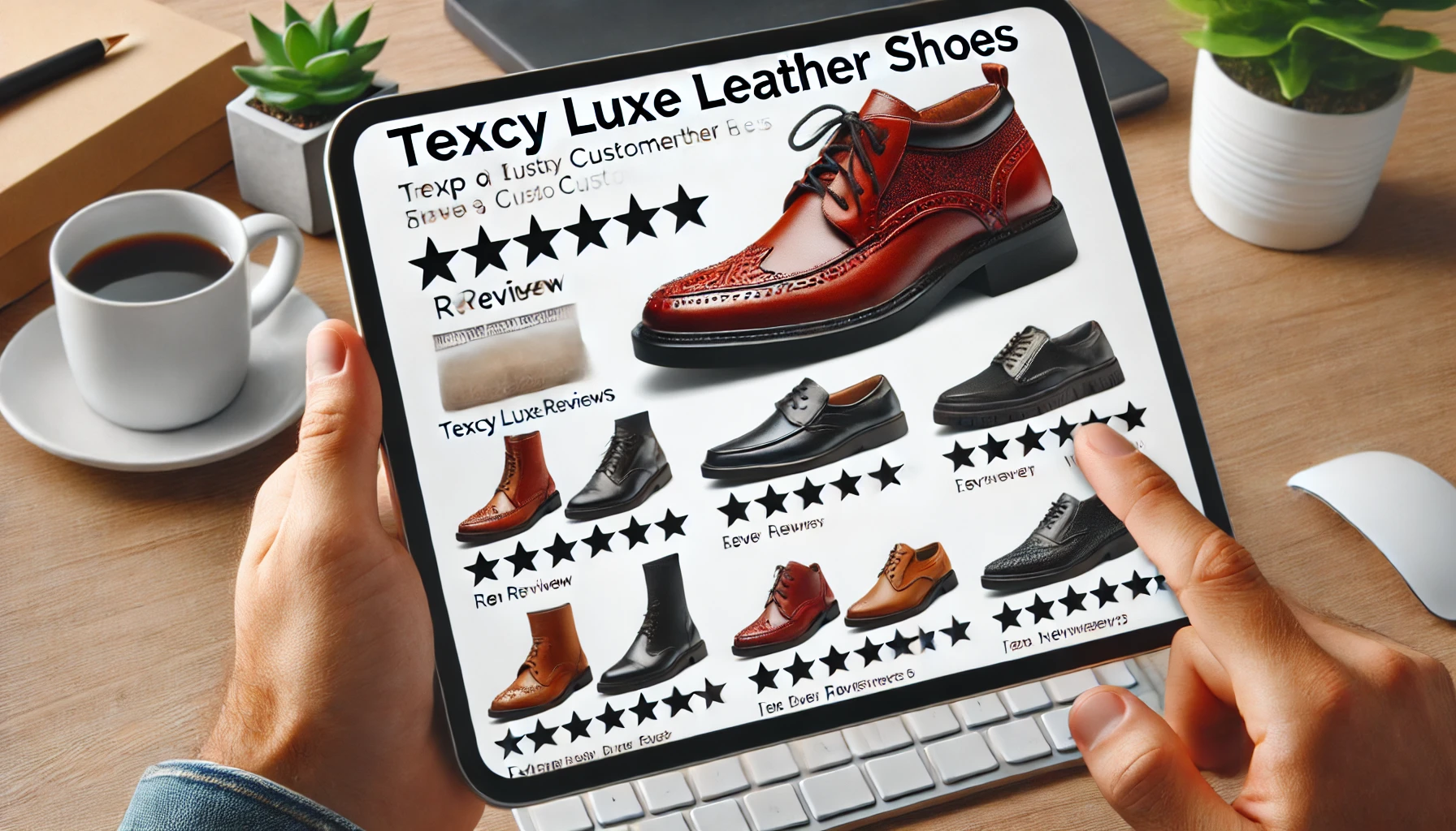 A group of positive customer reviews for Texcy Luxe leather shoes displayed on a webpage or digital device, highlighting customer satisfaction and testimonials.