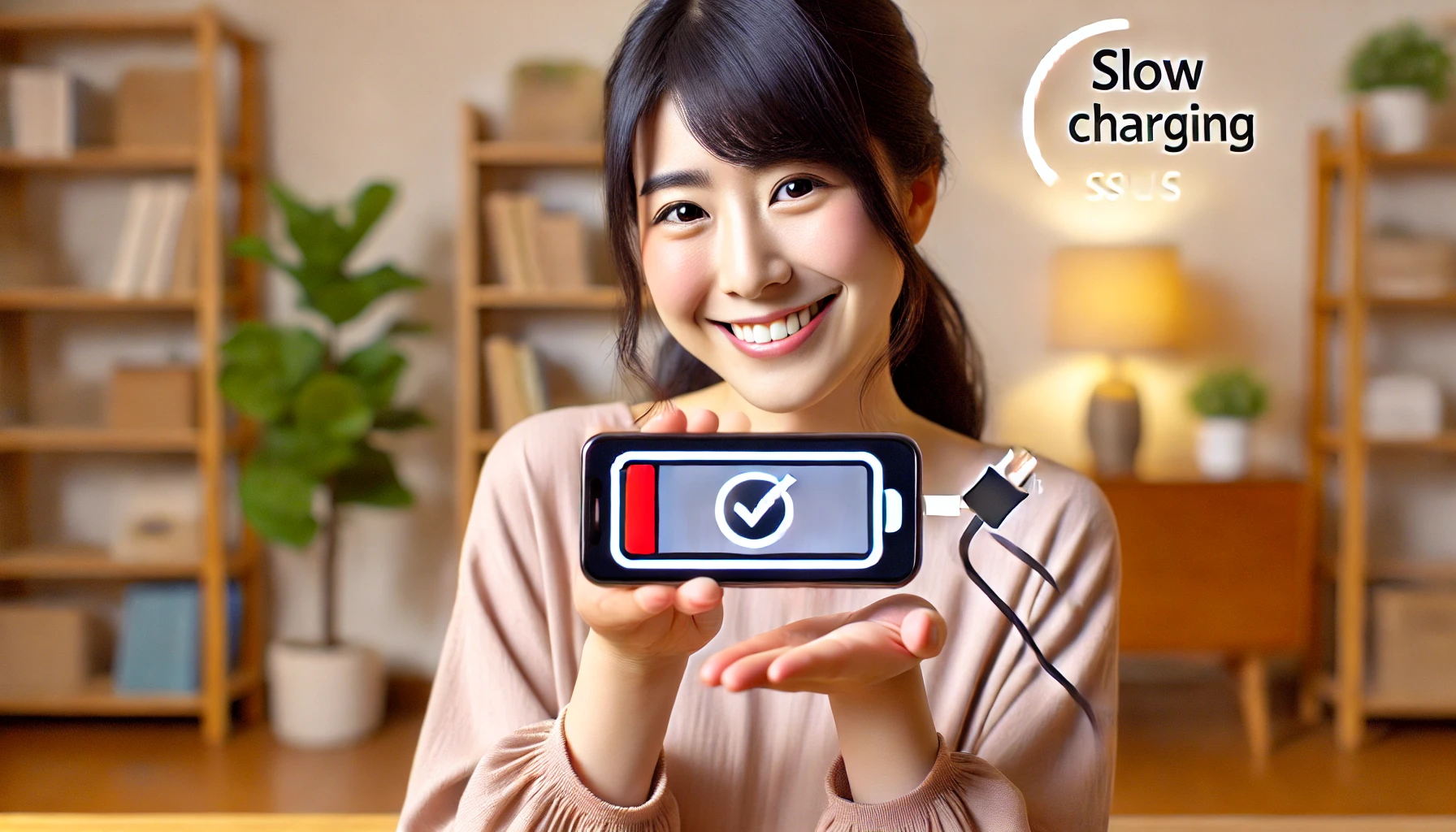 A Japanese person smiling and holding a smartphone after solving slow charging issues, with the phone showing a full battery icon. The background is a cozy indoor setting with a desk and charging cable. The person looks relieved and happy. Horizontal orientation, 16:9.