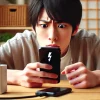 A Japanese person looking at their smartphone with a confused expression, noticing that it is charging slowly. The setting is indoors, with a typical modern home background, including a desk and a charging cable connected to the phone. Horizontal orientation, 16:9.