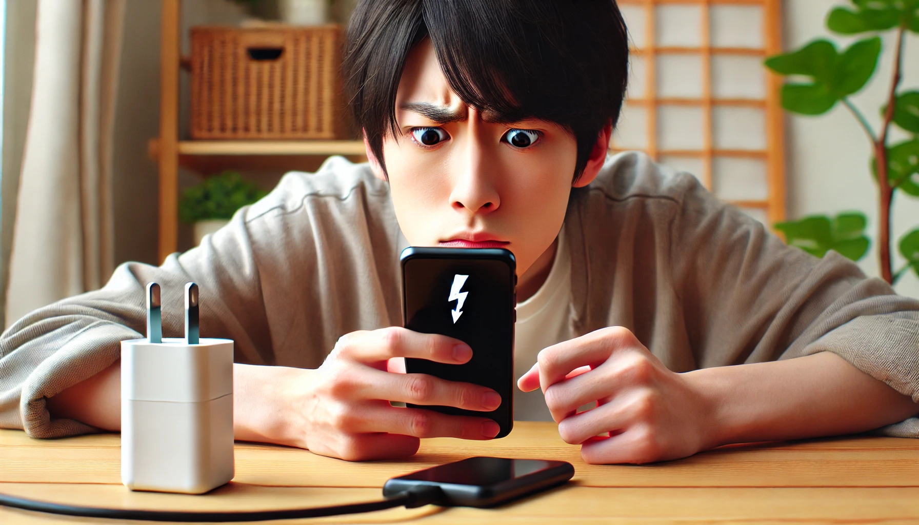 A Japanese person looking at their smartphone with a confused expression, noticing that it is charging slowly. The setting is indoors, with a typical modern home background, including a desk and a charging cable connected to the phone. Horizontal orientation, 16:9.