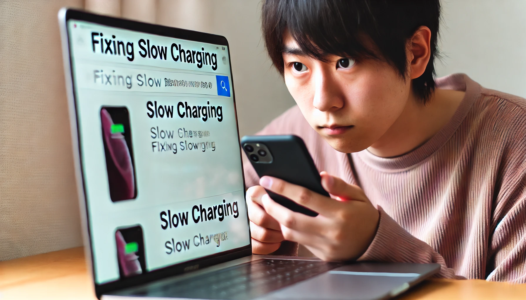 A Japanese person looking at their smartphone while searching for solutions to fix slow charging issues. The setting is indoors, with a laptop open, showing search results related to fixing slow charging. A focused and thoughtful expression. Horizontal orientation, 16:9.