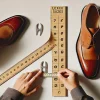 A close-up of a person measuring their foot with a ruler and a shoe size chart to choose the right size for Texcy Luxe leather shoes, on a clean, simple background.