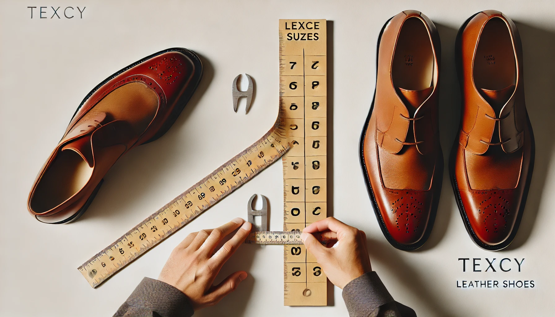 A close-up of a person measuring their foot with a ruler and a shoe size chart to choose the right size for Texcy Luxe leather shoes, on a clean, simple background.