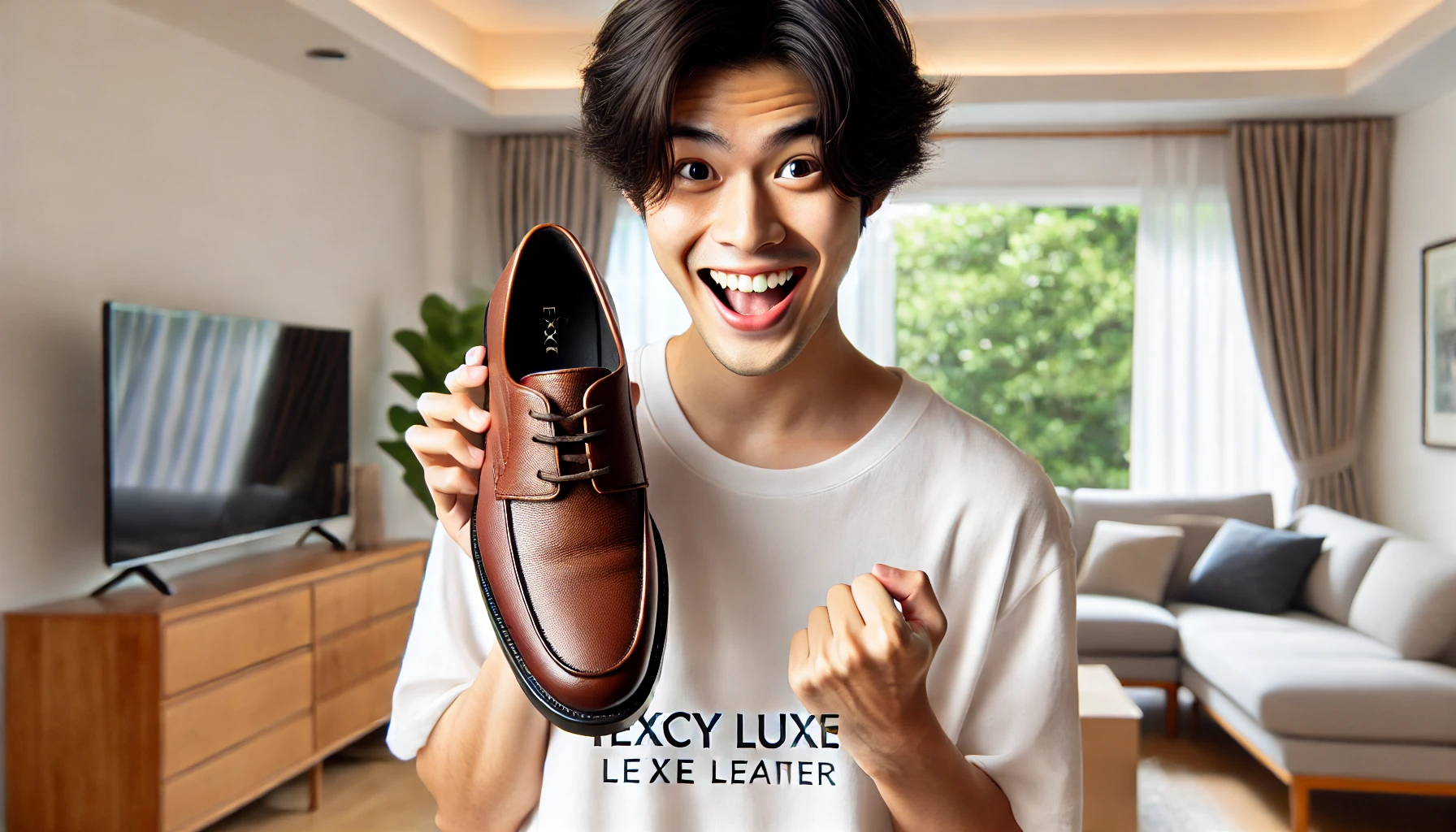 A happy Japanese person holding a pair of Texcy Luxe leather shoes, showing excitement and satisfaction. They are standing in a modern, well-lit room with a pleasant atmosphere.