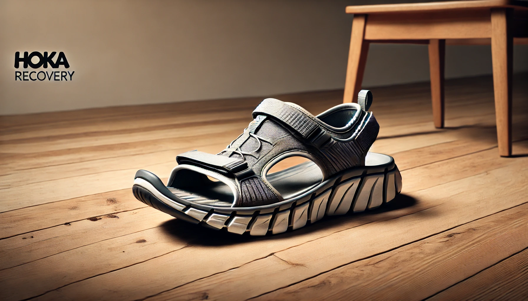 A stylish and comfortable HOKA recovery sandal that looks like a shoe, displayed on a wooden floor with a minimalistic background. The sandal has a sleek design and is shown from an angle that highlights its shoe-like appearance.