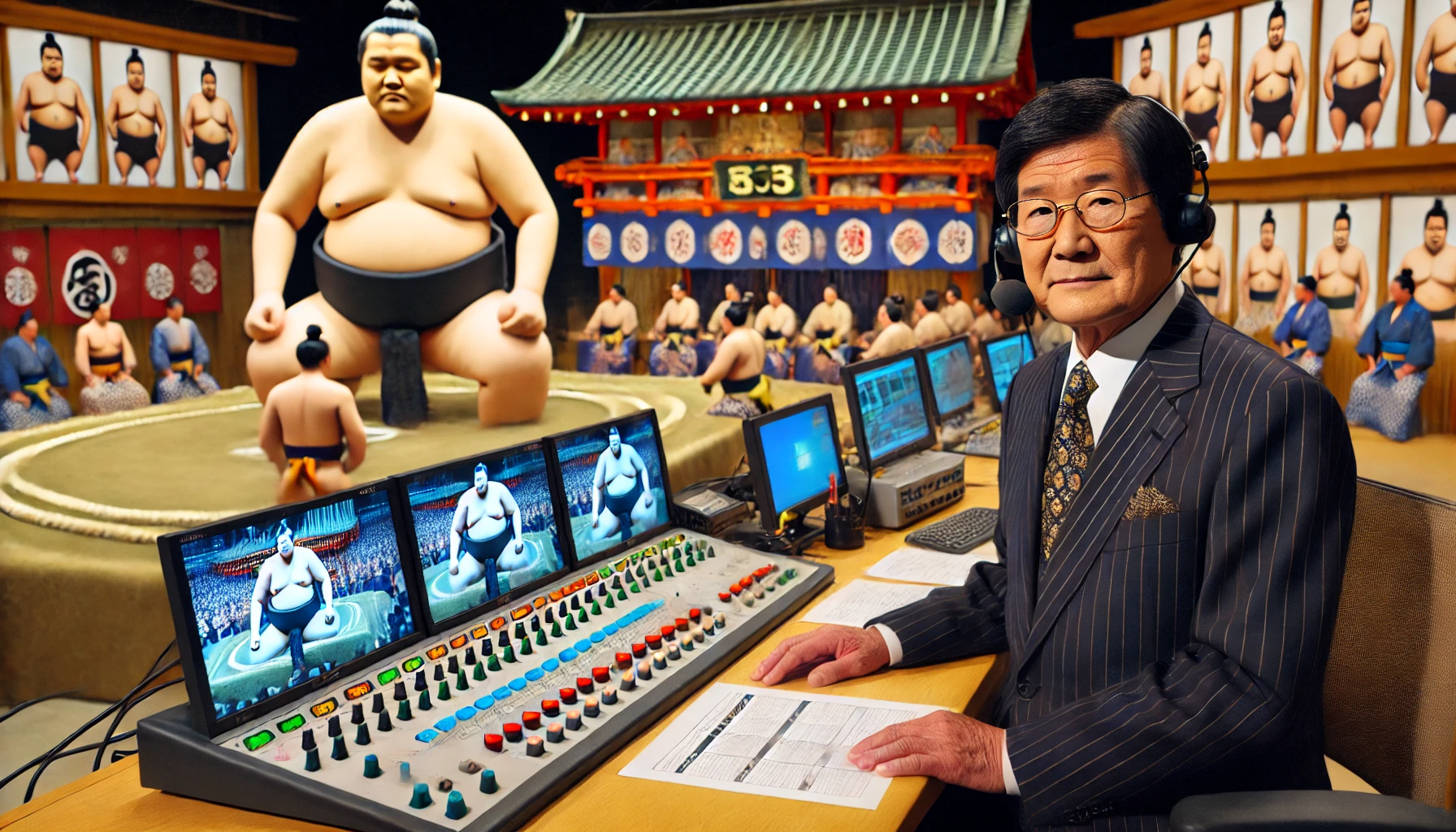 A retired Japanese sumo wrestler working as a commentator for sumo matches, seated at a desk in a TV studio with sumo-themed decorations, monitors displaying sumo matches, black hair, and appearing around 50 years old.