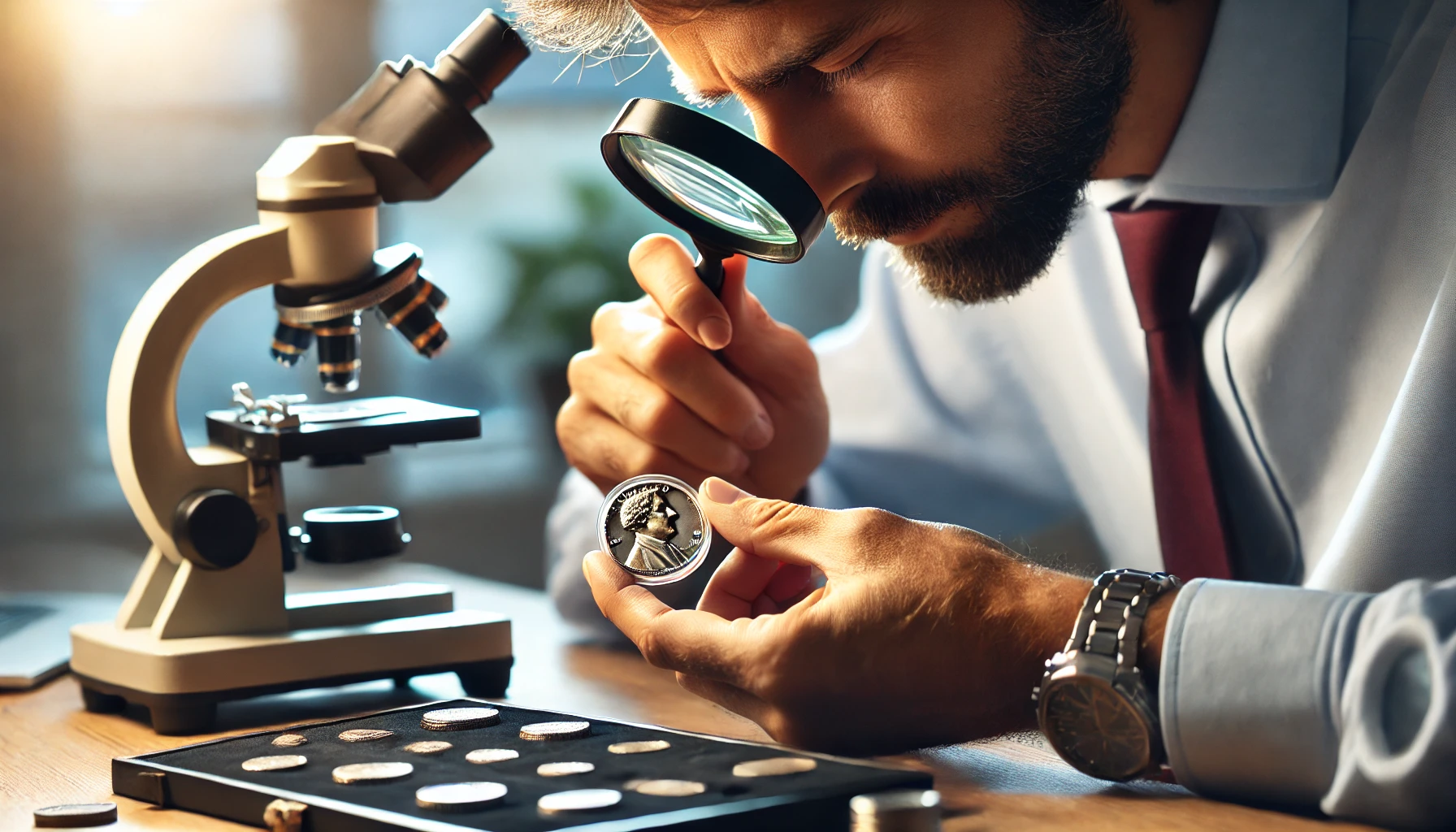 An expert appraising a rare coin, using a magnifying glass and specialized equipment, in a well-lit setting. The focus is on the detailed examination of the coin.