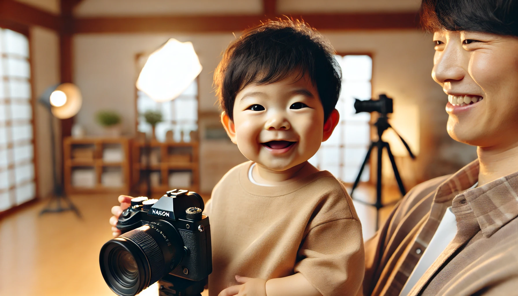 A cheerful Japanese baby smiling while sitting on a parent's lap in a well-lit studio. The baby is calm and happy, showcasing a scenario where a baby is not afraid of being away from their parents. The environment is warm and inviting, with cameras and soft toys around to entertain the baby.