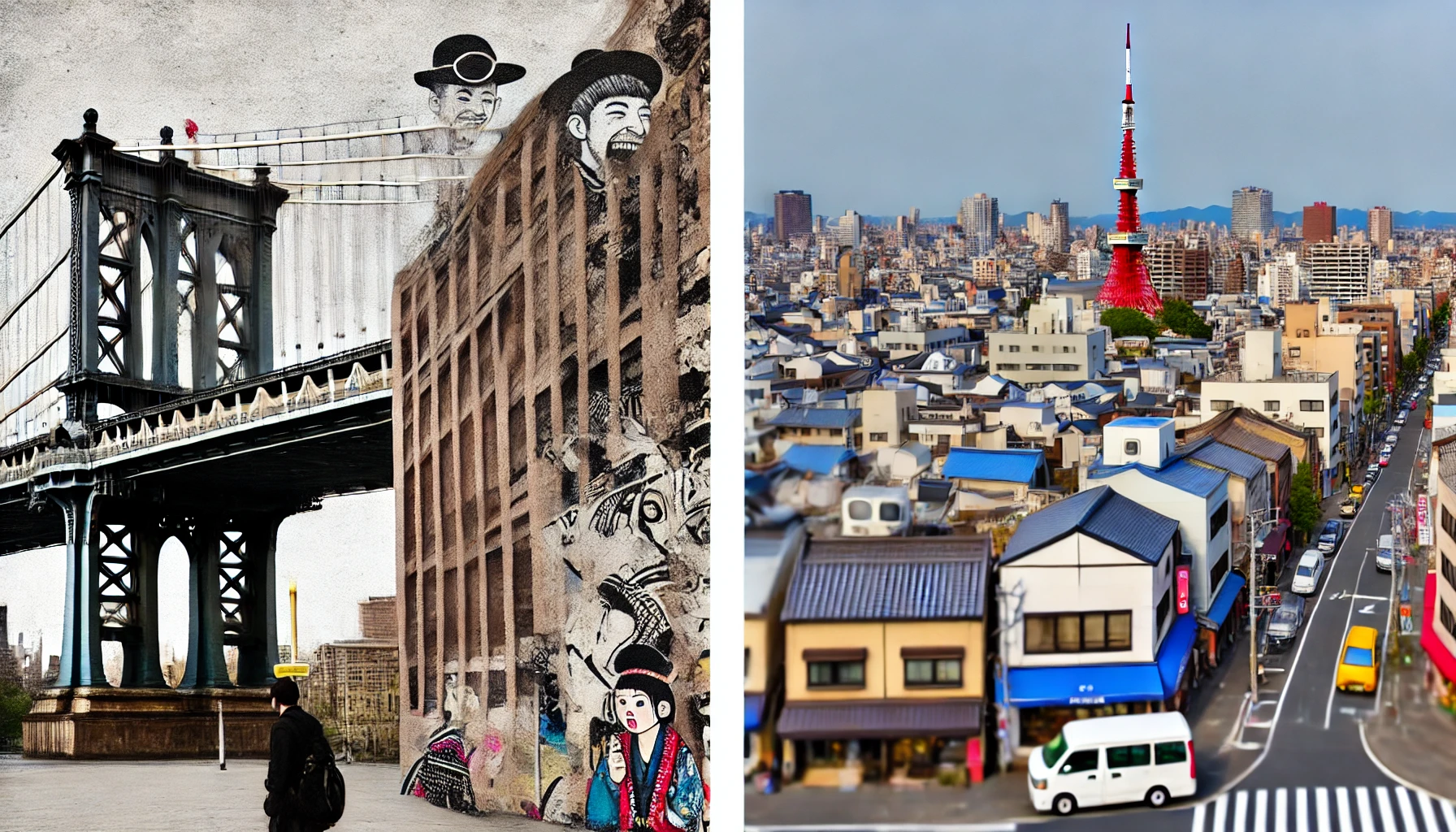 A side-by-side visual showing a comparison of Brooklyn and a Japanese city, focusing on their unique cultural elements. Brooklyn is portrayed with its diverse street art, urban vibe, and hipster culture. The Japanese city, such as Shibuya or Nakameguro, highlights the blend of modern and traditional elements, with bustling streets, contemporary cafes, and quiet neighborhoods.