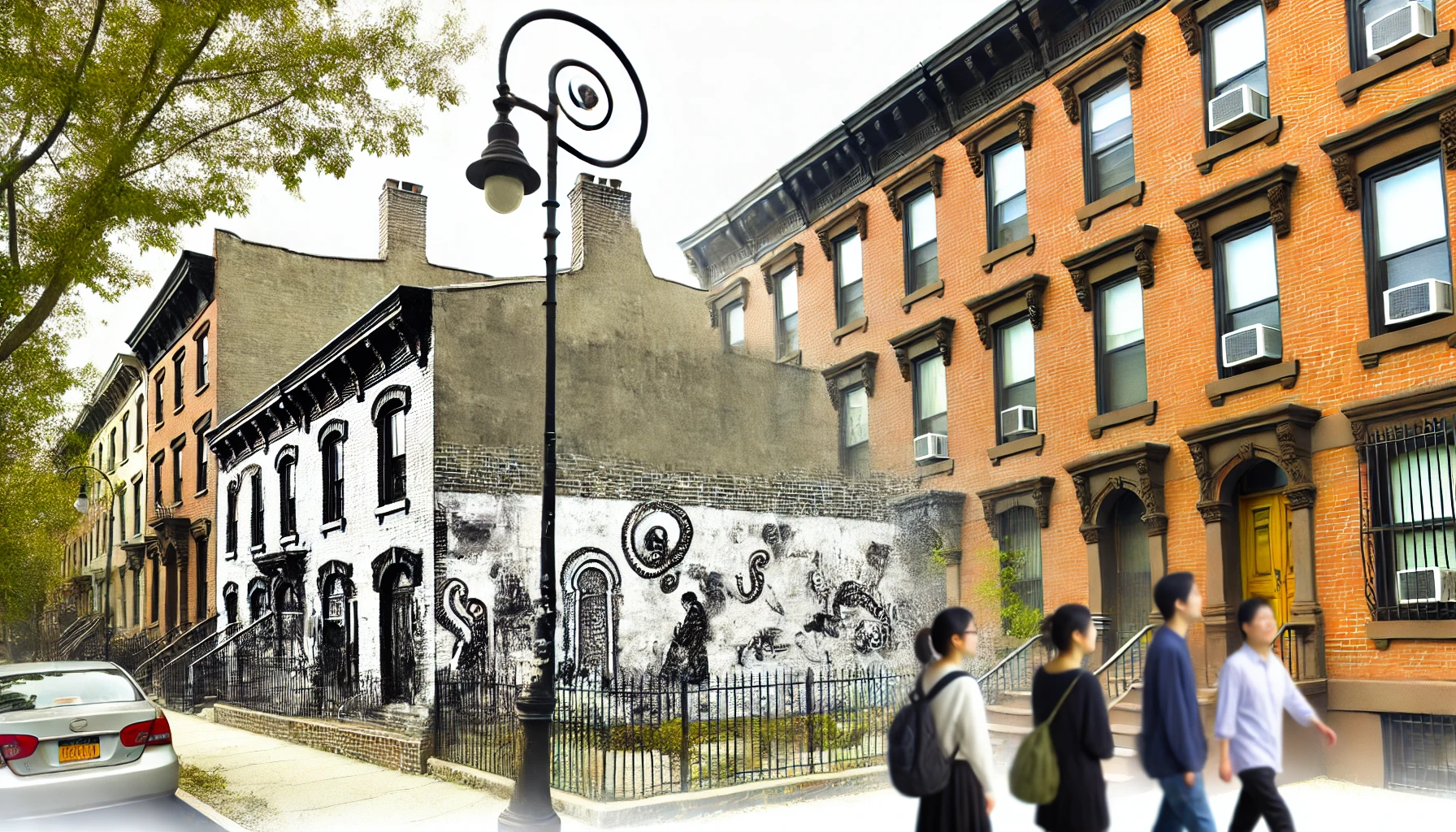 A historical image showing Brooklyn's architecture with classic brick buildings and an artistic mural on one of the walls, reflecting the neighborhood's cultural evolution. Japanese individuals are walking by, admiring the history and creativity present in the area. The scene is peaceful, showing how the old and new merge in Brooklyn's unique urban landscape.