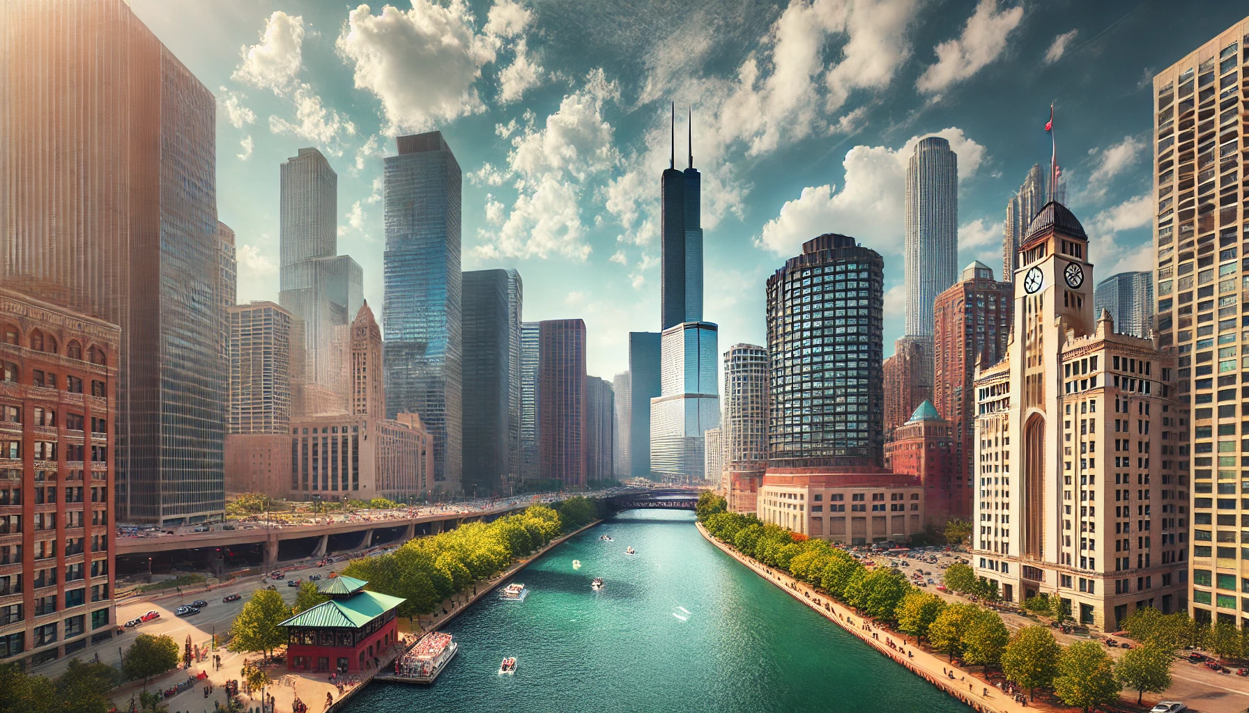 A wide-angle view of Chicago's cityscape, highlighting iconic structures such as the Willis Tower and the Chicago River running through the city. The skyline is clear, and there are trees and a few people walking along the riverwalk, with a modern urban vibe. The sky is bright and partly cloudy, showcasing the beauty of a sunny day in the city.