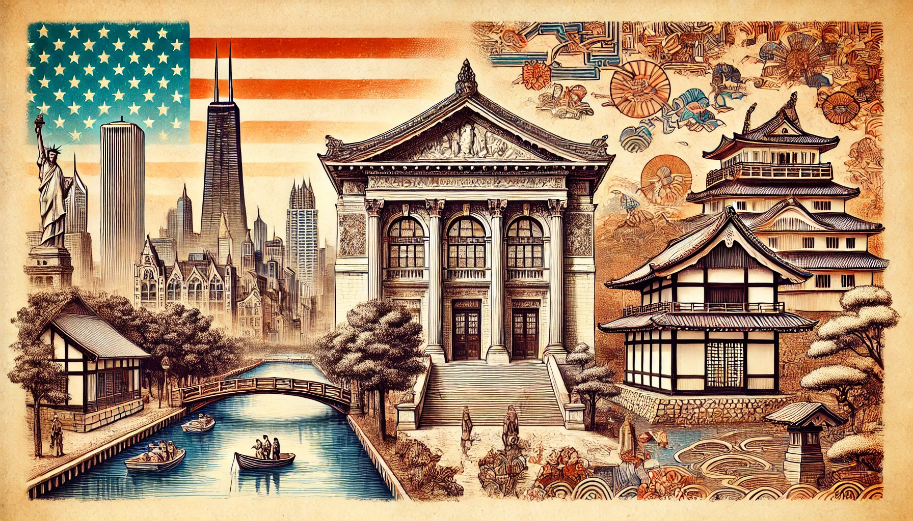 A historical image showing the rich cultural and historical background of Chicago. One half of the image depicts famous Chicago landmarks such as the Art Institute of Chicago and historic neighborhoods. The other half shows a Japanese city like Kyoto with traditional temples and cultural elements, illustrating the contrast between Chicago’s modern history and Japan’s ancient traditions.