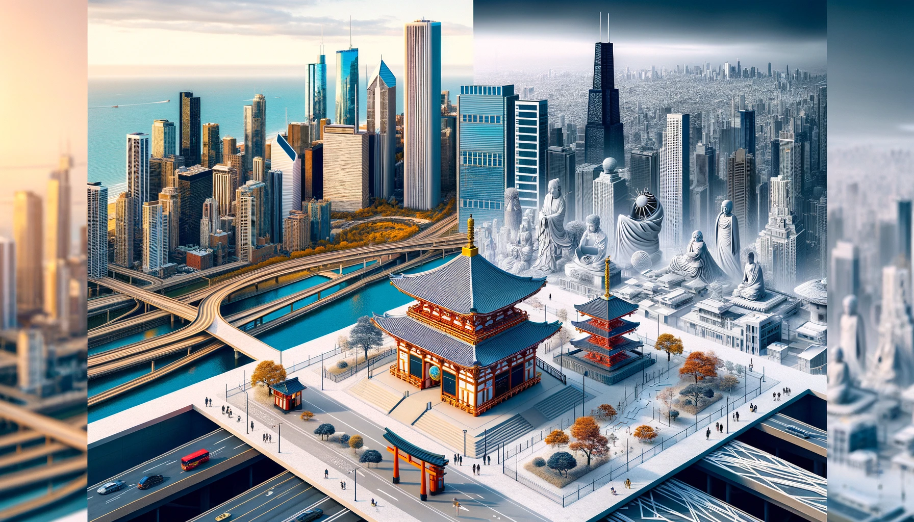 An image showing similarities and differences between Chicago and a Japanese city like Tokyo. One side features Chicago's skyline with its modern architecture and public spaces, while the other side shows Tokyo with its urban planning, Shinto shrines, and high-tech infrastructure. The focus should be on cultural and urban contrasts and similarities.