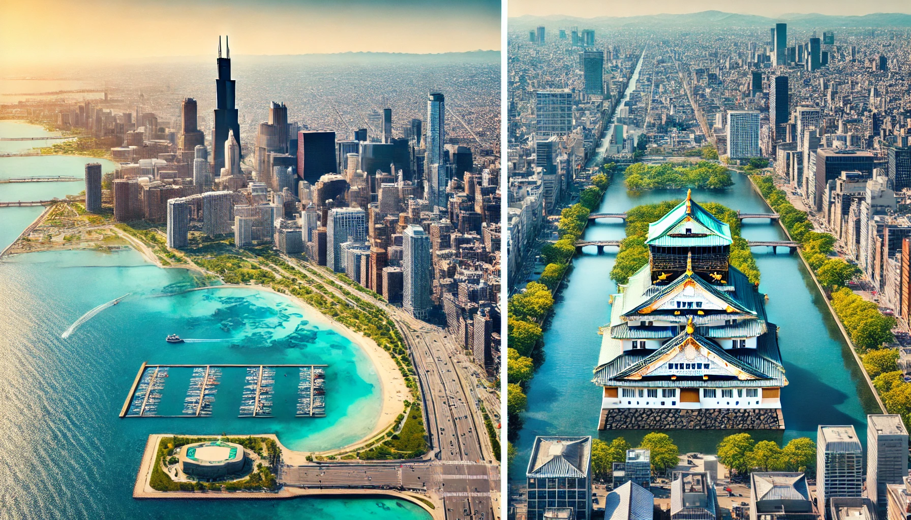 A comparison image of two cities: Chicago on one side with the Willis Tower and Michigan Lake, and a Japanese city such as Osaka on the other side featuring Osaka Castle and a bustling urban street. The image should be split, showing similarities in both cities' modern infrastructure, waterways, and green spaces.