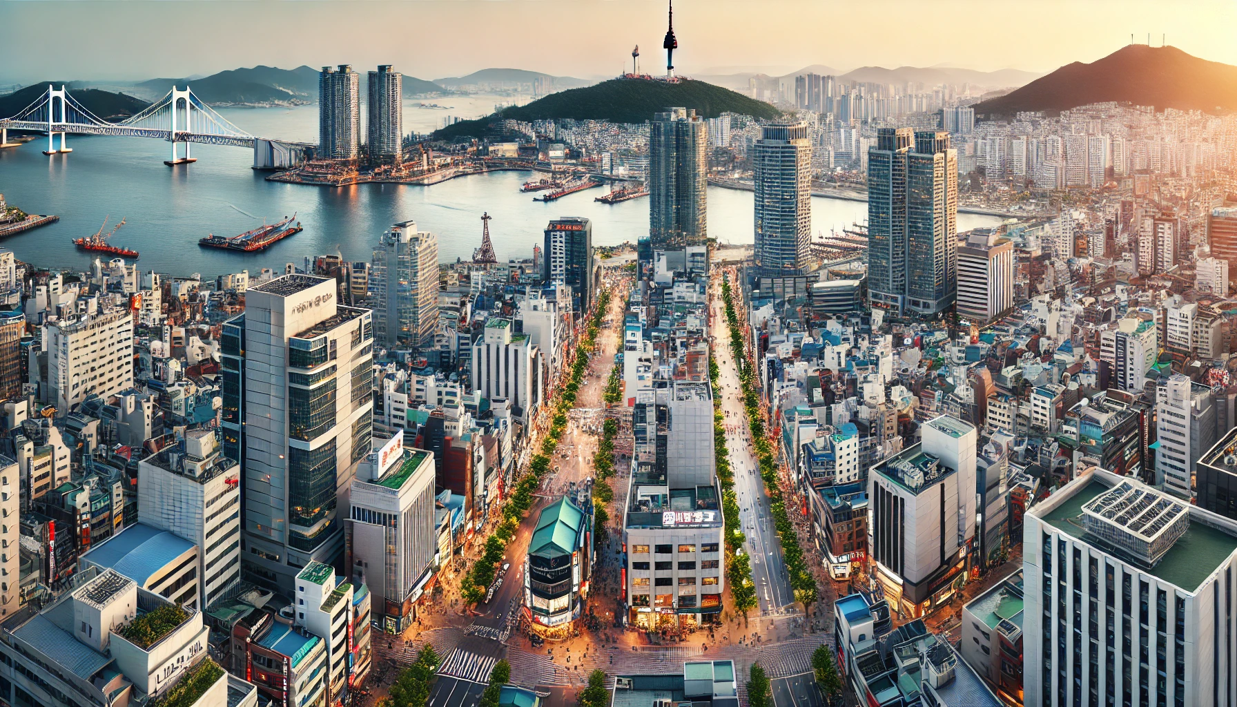 A panoramic view of Busan city, showcasing its modern skyline with tall buildings, bustling streets, and iconic landmarks such as Busan Tower in the background. The cityscape captures the blend of modern architecture and green spaces, with the sea visible in the distance. A few people walking along the streets, giving a lively, urban atmosphere. The image is horizontal (16:9).