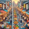 A comparison image showing the cultural similarities and differences between Busan and Osaka. The image highlights Busan's traditional markets and street food scene, juxtaposed with Osaka's famous food markets and vibrant urban culture. The image captures elements like street vendors, local delicacies such as teppanyaki and teokbokki, and bustling market streets filled with people in both cities. Both cities are lively, with bright signs and energetic atmospheres. The image is horizontal (16:9).