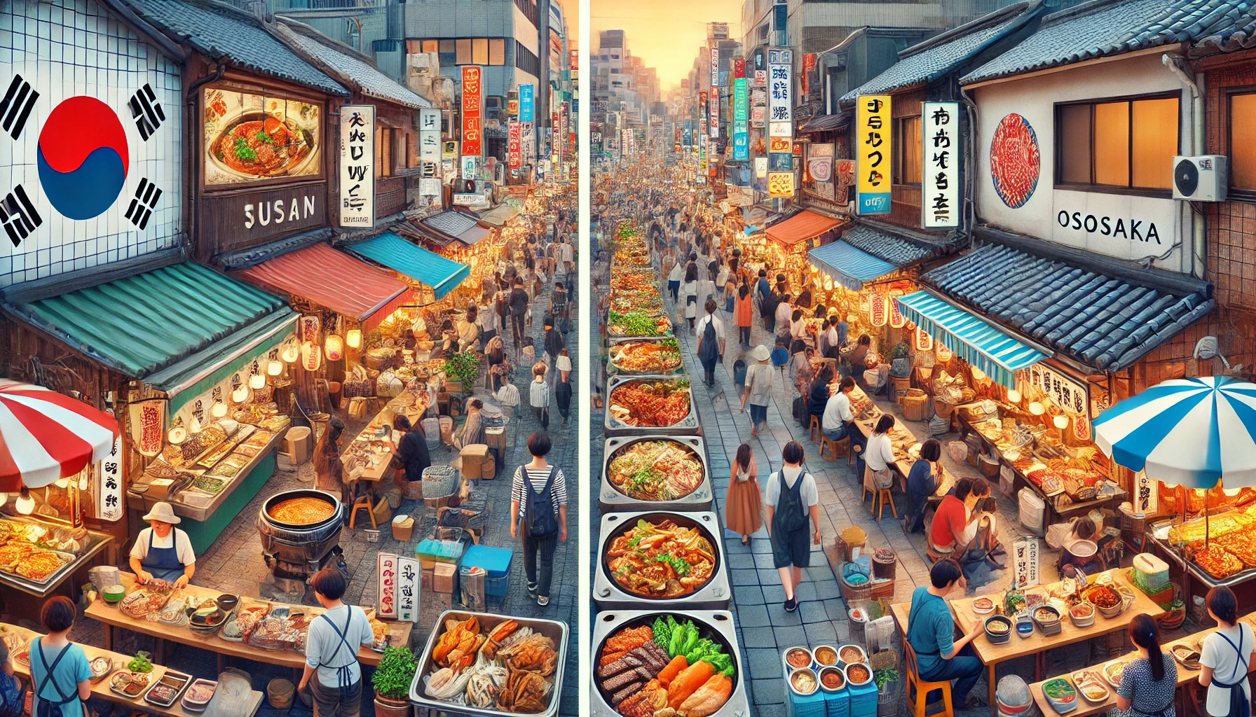 A comparison image showing the cultural similarities and differences between Busan and Osaka. The image highlights Busan's traditional markets and street food scene, juxtaposed with Osaka's famous food markets and vibrant urban culture. The image captures elements like street vendors, local delicacies such as teppanyaki and teokbokki, and bustling market streets filled with people in both cities. Both cities are lively, with bright signs and energetic atmospheres. The image is horizontal (16:9).