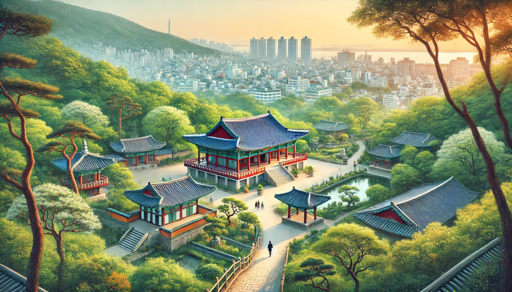 A scenic image of Busan's historical landmarks and cultural sites, showcasing traditional architecture such as Beomeosa Temple and surrounding green landscapes. The image also features hints of the modern city in the distance, blending Busan's historical heritage with its modern growth. The atmosphere is peaceful, with vibrant green trees and traditional stone pathways. A few people are seen visiting the temple, contributing to the serene ambiance. The image is horizontal (16:9).