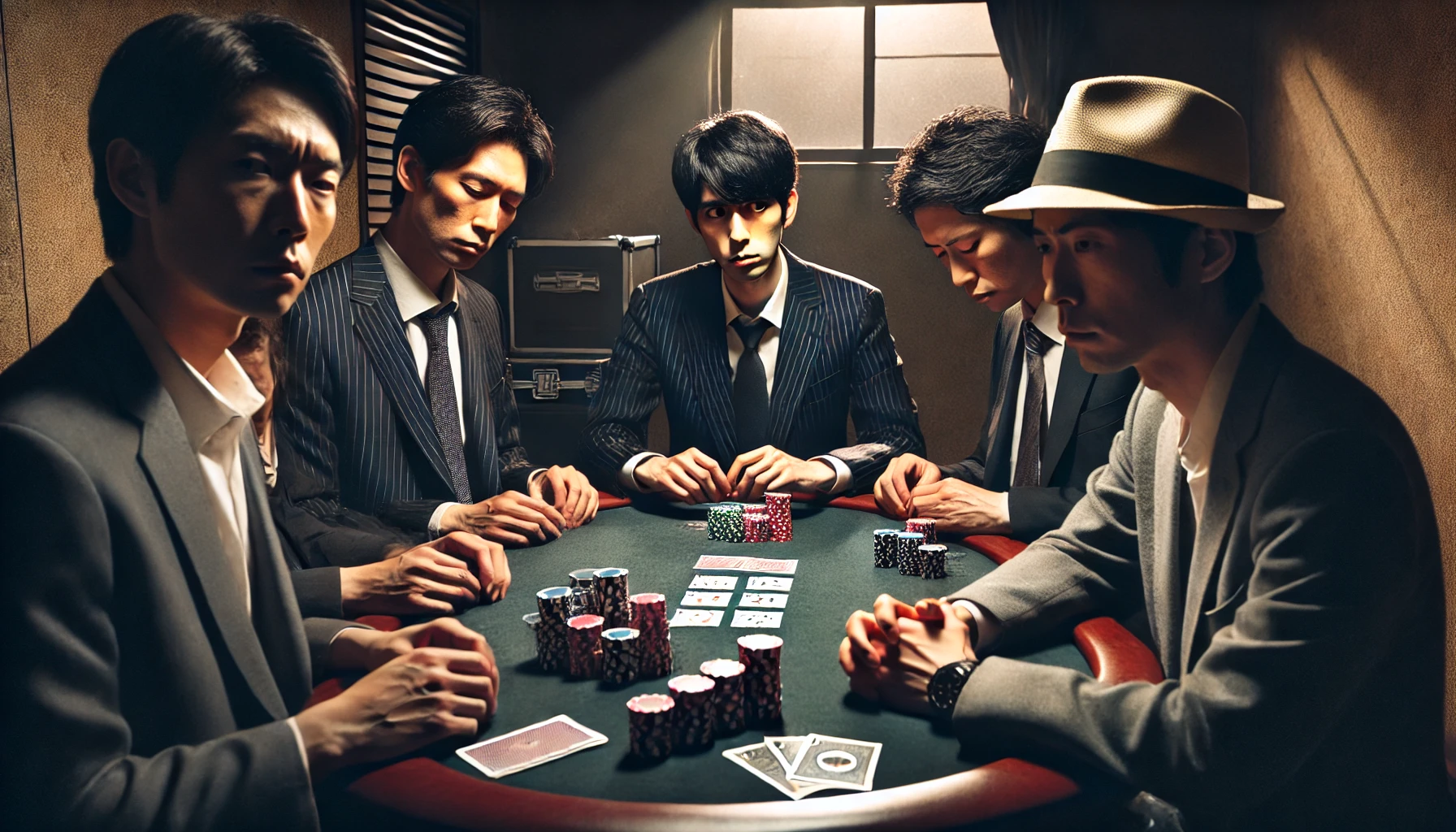 A tense scene showing a group of Japanese businesspeople seated around a table, secretly playing a poker game. The environment is dimly lit, with visible poker chips, cards, and money on the table. One of the players looks nervous, as though realizing they are about to be caught. The setting is a private room, with a sense of tension in the air.