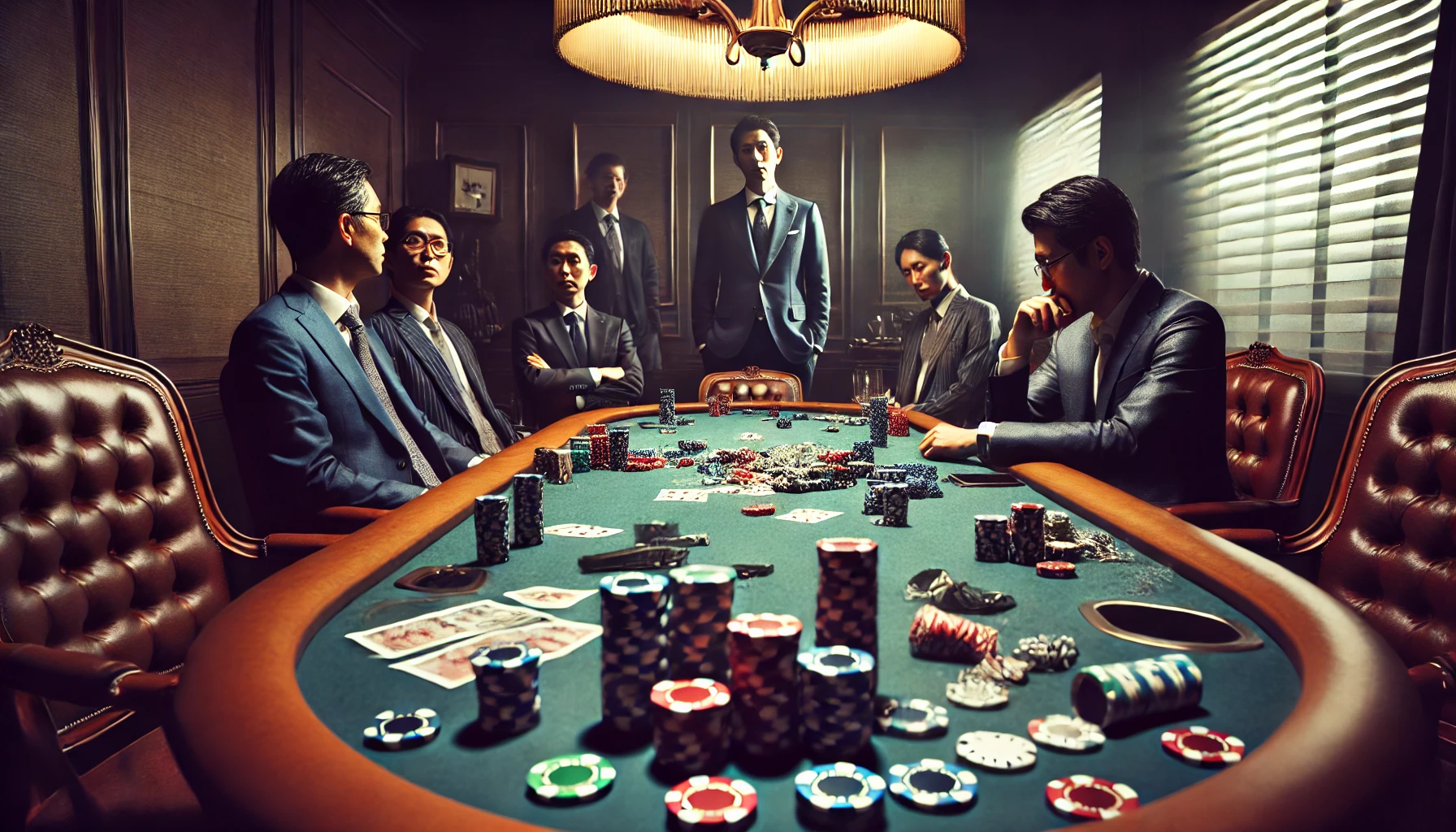 An image showing the aftermath of a scandal involving Japanese businesspeople playing illegal poker. The scene shows empty seats, poker chips scattered on the table, and a sense of tension in the room. The mood is somber, with the consequences of being caught looming over the scene, showing a shift in atmosphere.