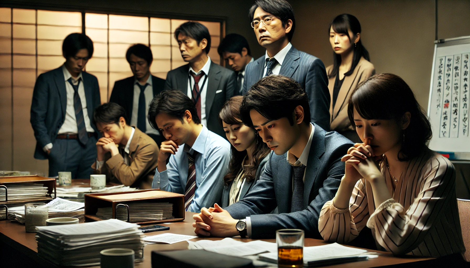 A somber scene showing a group of Japanese businesspeople dealing with the aftermath of being caught in an illegal poker game. The individuals are seen in a private office setting, some looking stressed, others deep in thought. The environment is serious and reflective, as they face the consequences of their actions. Papers and reports are scattered on the table.