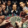 A close-up scene showing a group of Japanese businesspeople involved in an illegal poker game. Focus on specific individuals, one of them surprised or caught off-guard, with poker chips, cards, and money clearly visible. Each member has a different reaction, from shock to fear, in a dimly lit private room.