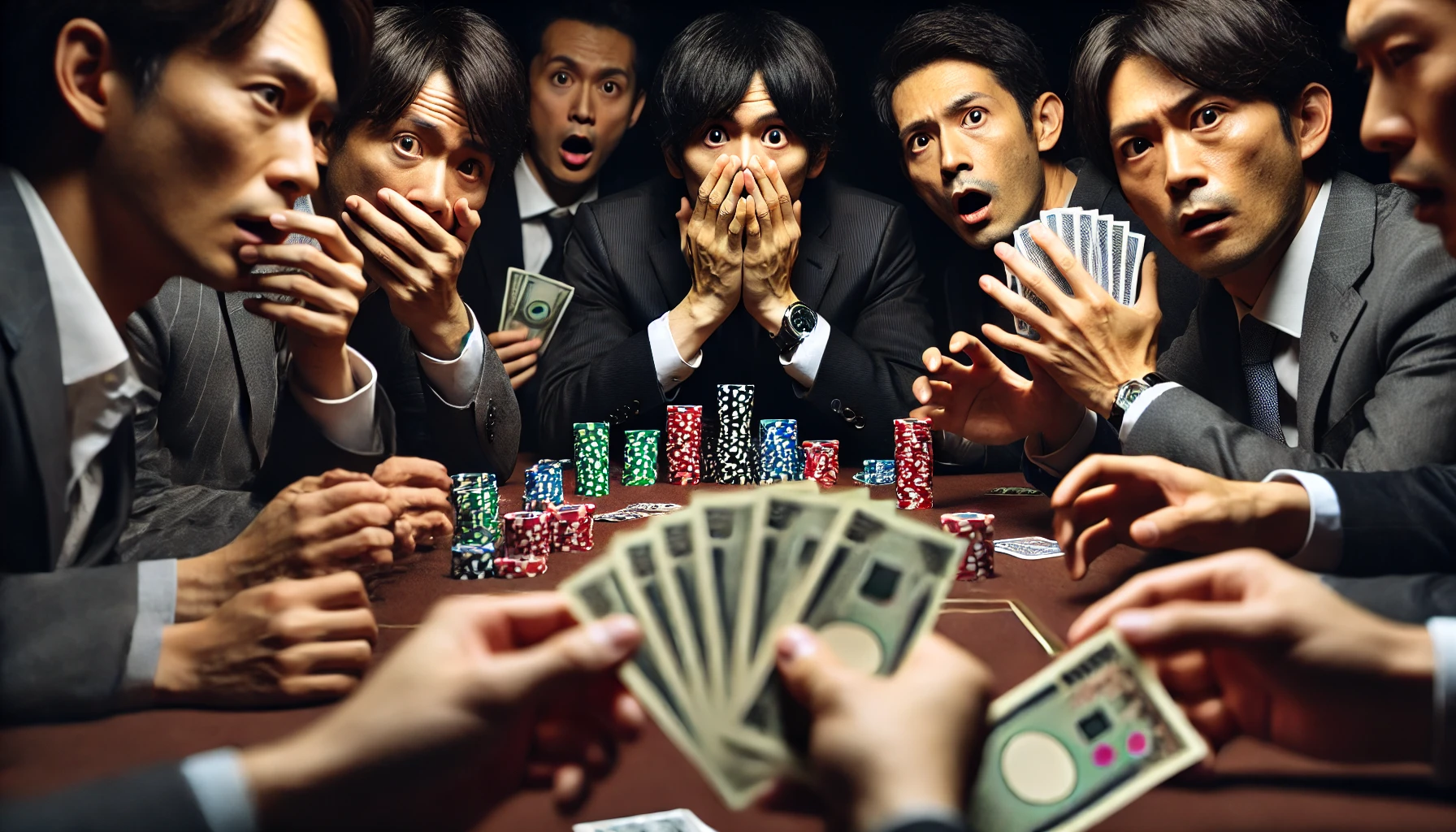 A close-up scene showing a group of Japanese businesspeople involved in an illegal poker game. Focus on specific individuals, one of them surprised or caught off-guard, with poker chips, cards, and money clearly visible. Each member has a different reaction, from shock to fear, in a dimly lit private room.