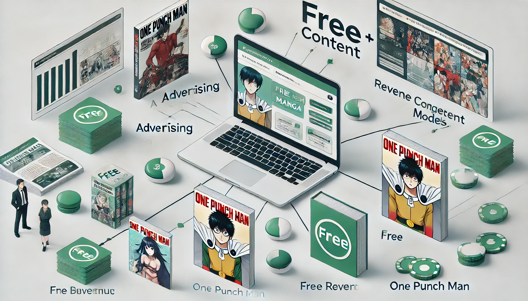 A visual showing a web platform that provides free manga, with a focus on how the platform sustains itself through advertising, user engagement, and popular titles like One Punch Man. Clean and minimalist layout with clear revenue and free content models.