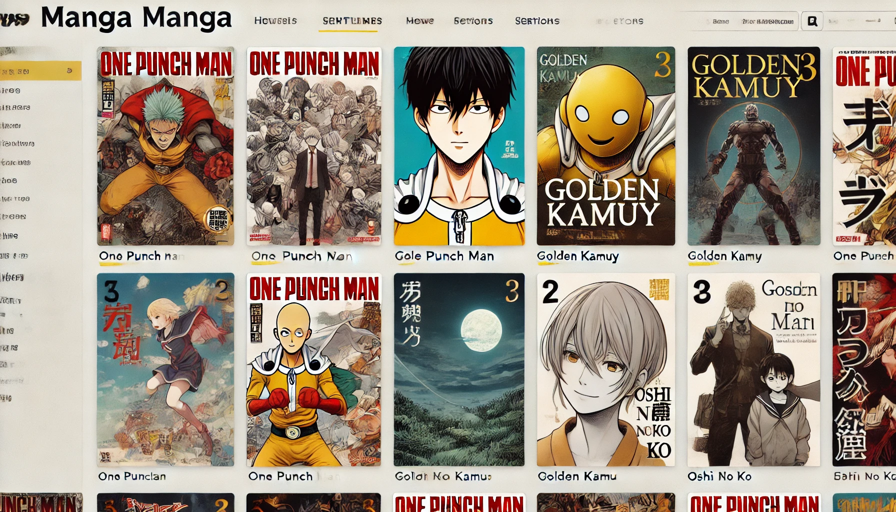 A visual featuring popular manga titles like One Punch Man, Golden Kamuy, and Oshi no Ko displayed on a web platform. The page highlights the covers and brief descriptions of each manga, organized under sections for different genres, with a clean and modern design.