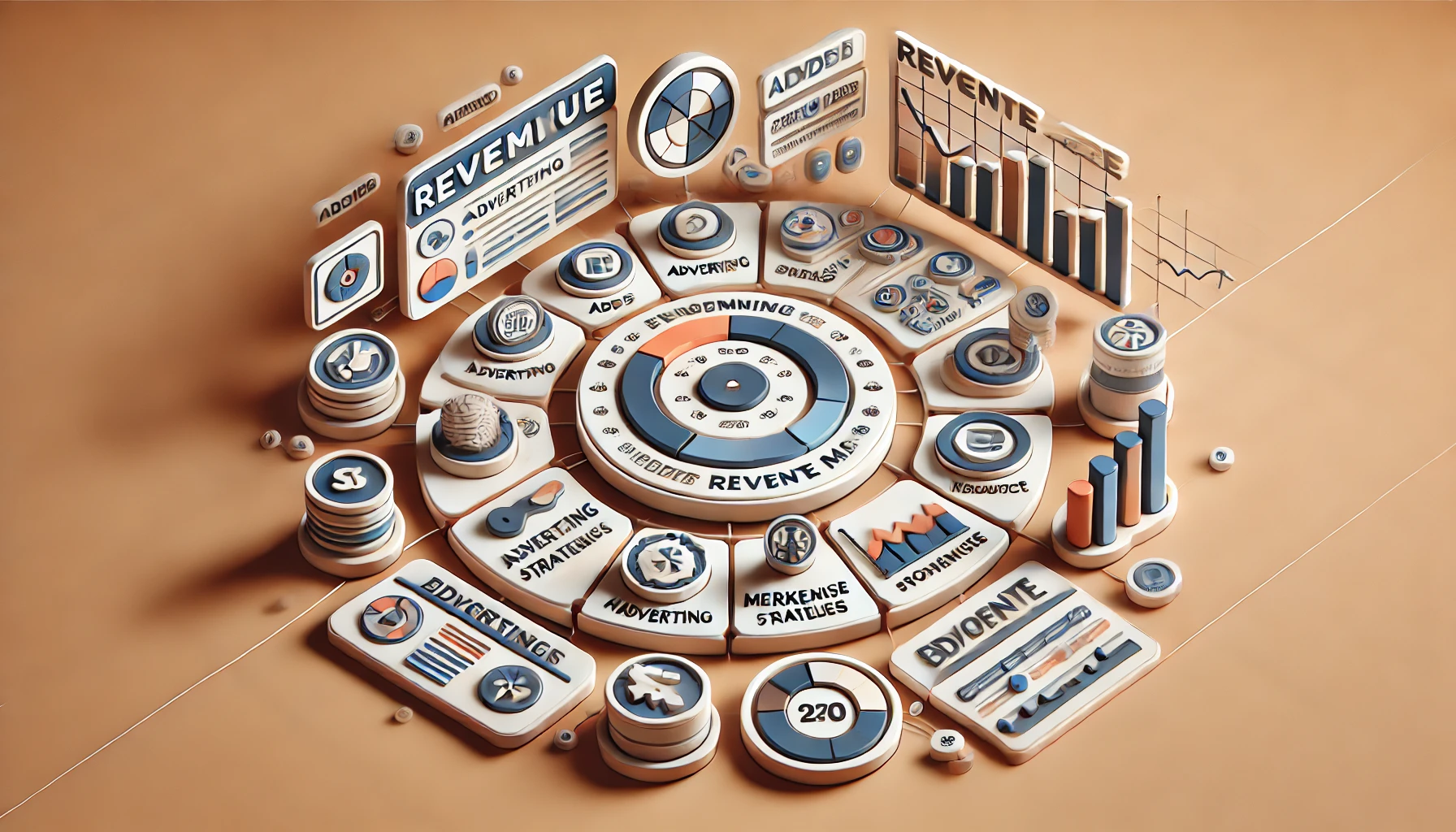 A visual representation of a web platform's revenue model, showing elements like advertising, marketing strategies, and product promotions. The interface includes graphs or charts explaining how the website earns revenue from ads, sponsorships, and merchandise sales, displayed with clean and modern graphics.