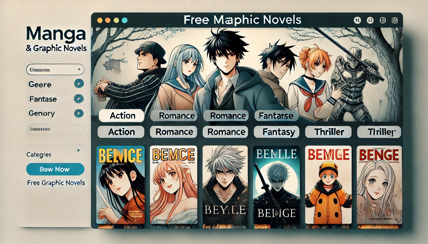 A modern web platform featuring a diverse range of free manga and graphic novels, with categories representing various genres. The interface displays genre tags like action, romance, fantasy, and thriller, and users are browsing through the content on a clean, minimalist web page design.