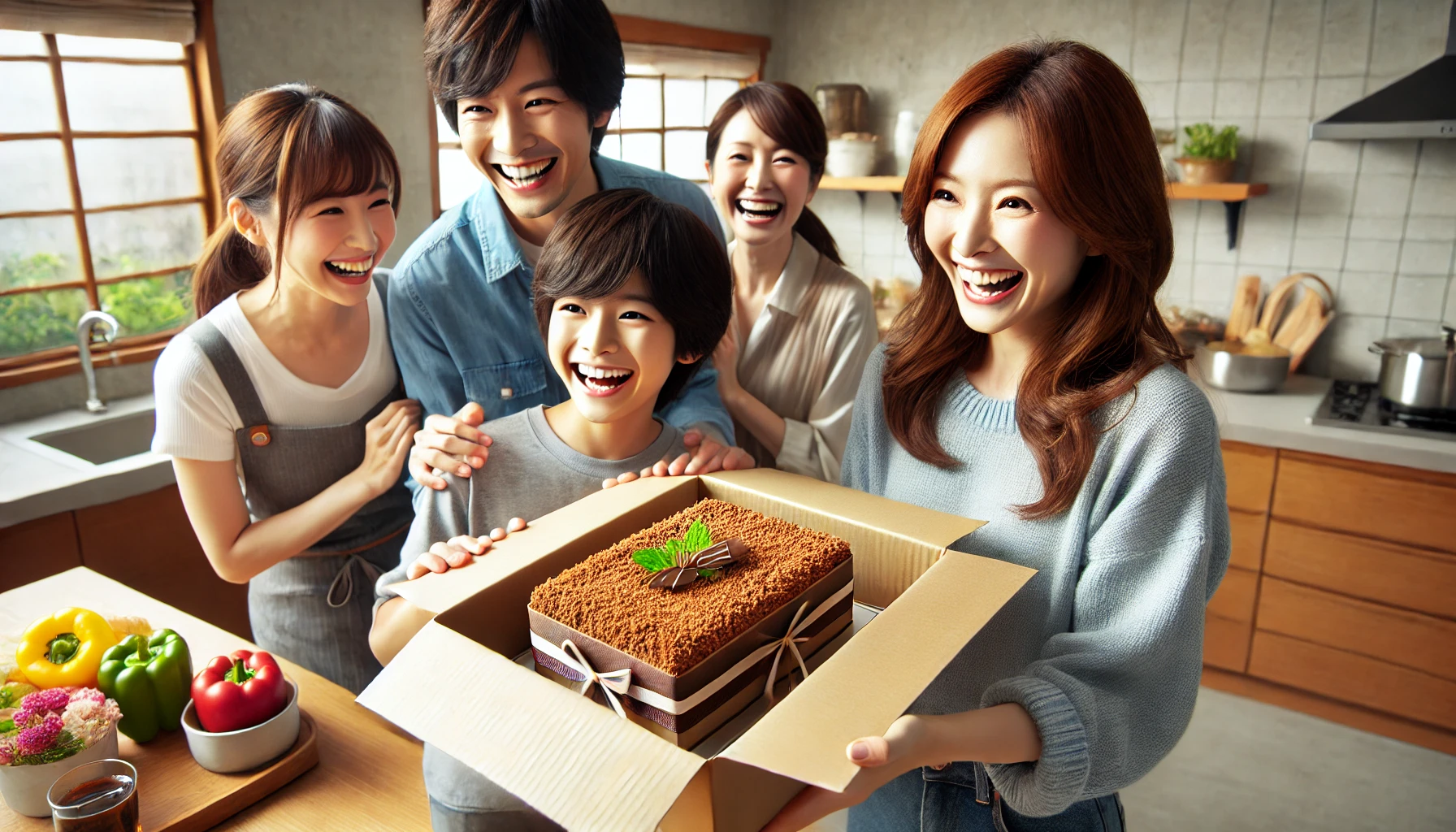 A joyful scene showing a Japanese family happily receiving a delivery of a handmade, rectangular chocolate cake. The family is excited as they unbox the cake at home, with the cake beautifully wrapped in elegant packaging. The background shows a modern kitchen, and everyone is smiling and eagerly anticipating enjoying the cake together.