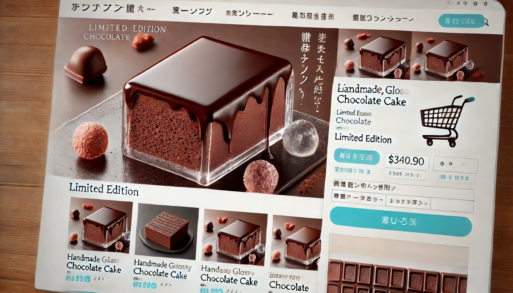 A showcase of an online store page displaying a handmade, rectangular chocolate cake as a limited edition chocolate item. The website features the cake with a clear, glossy chocolate finish and high-quality ingredients, with close-up images highlighting the texture. The page also features purchase options, a shopping cart, and delivery details. The background includes Japanese text with the cake being the focus, emphasizing it as an exclusive online product.