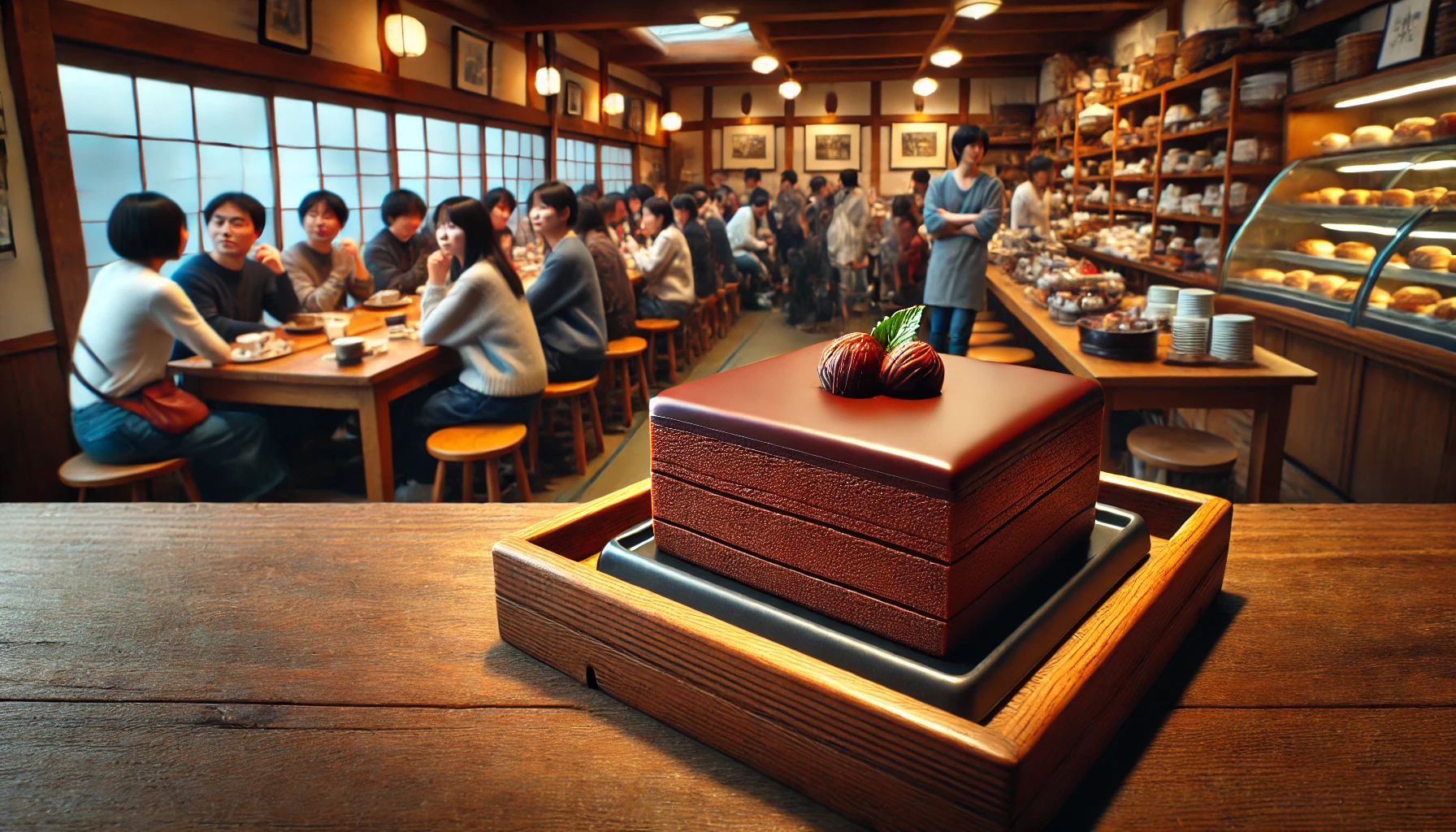 A scene showing a handmade, rectangular chocolate cake in a popular bakery. The chocolate cake, made with high-quality ingredients and a glossy finish, is displayed on a wooden counter. The cake's popularity is evident from the busy, cozy atmosphere of the bakery, with a diverse crowd of Japanese people enjoying their cakes. The bakery has a rustic and inviting design with shelves of baked goods and small decorations.