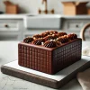 A close-up of a handmade, rectangular chocolate cake. The cake is beautifully crafted with a glossy chocolate coating, topped with a few chopped nuts and a smooth texture. The focus is on the high-quality ingredients and the artisanal process, set on a simple yet elegant table in a minimalist kitchen.