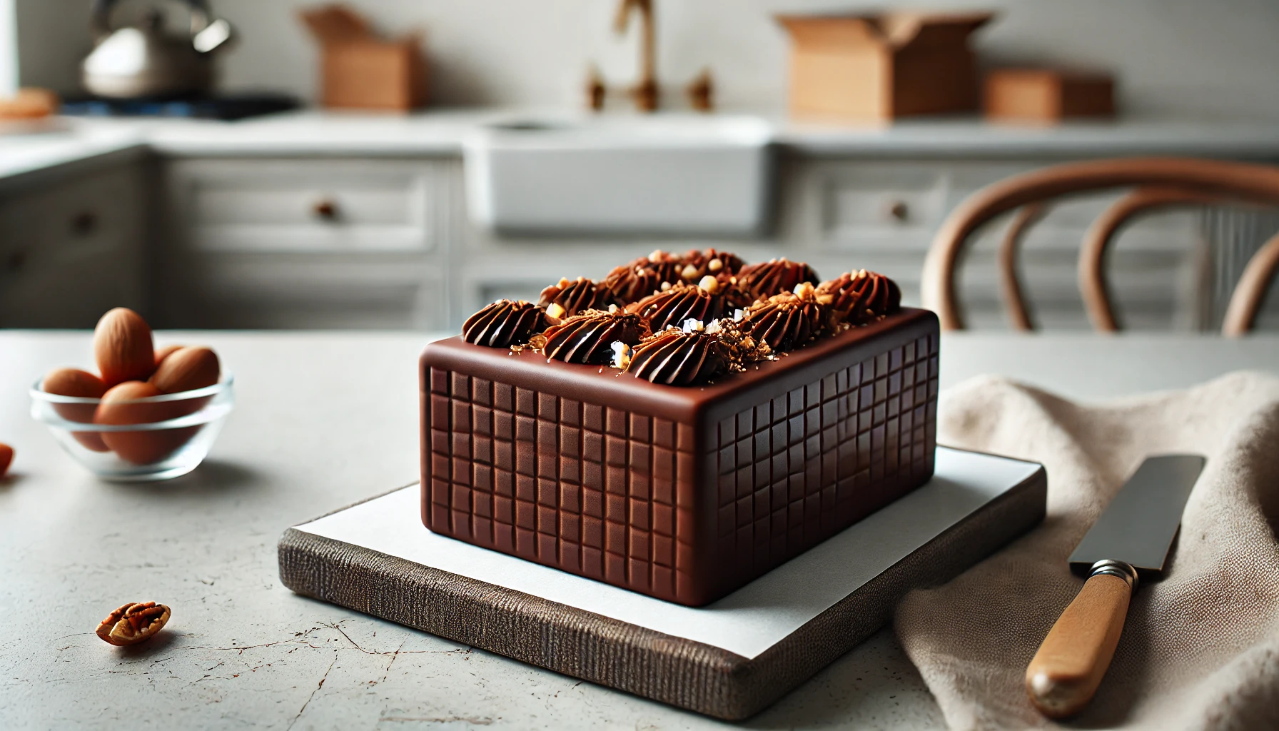 A close-up of a handmade, rectangular chocolate cake. The cake is beautifully crafted with a glossy chocolate coating, topped with a few chopped nuts and a smooth texture. The focus is on the high-quality ingredients and the artisanal process, set on a simple yet elegant table in a minimalist kitchen.