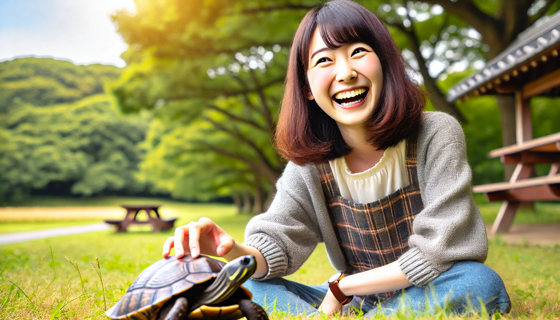 A Japanese person smiling joyfully after learning that turtles are reptiles, sitting outdoors with a turtle in front of them. The background features nature, with trees and grass, showing the satisfaction and understanding of the person. The atmosphere is calm and celebratory, with a focus on the turtle and the person's happiness.