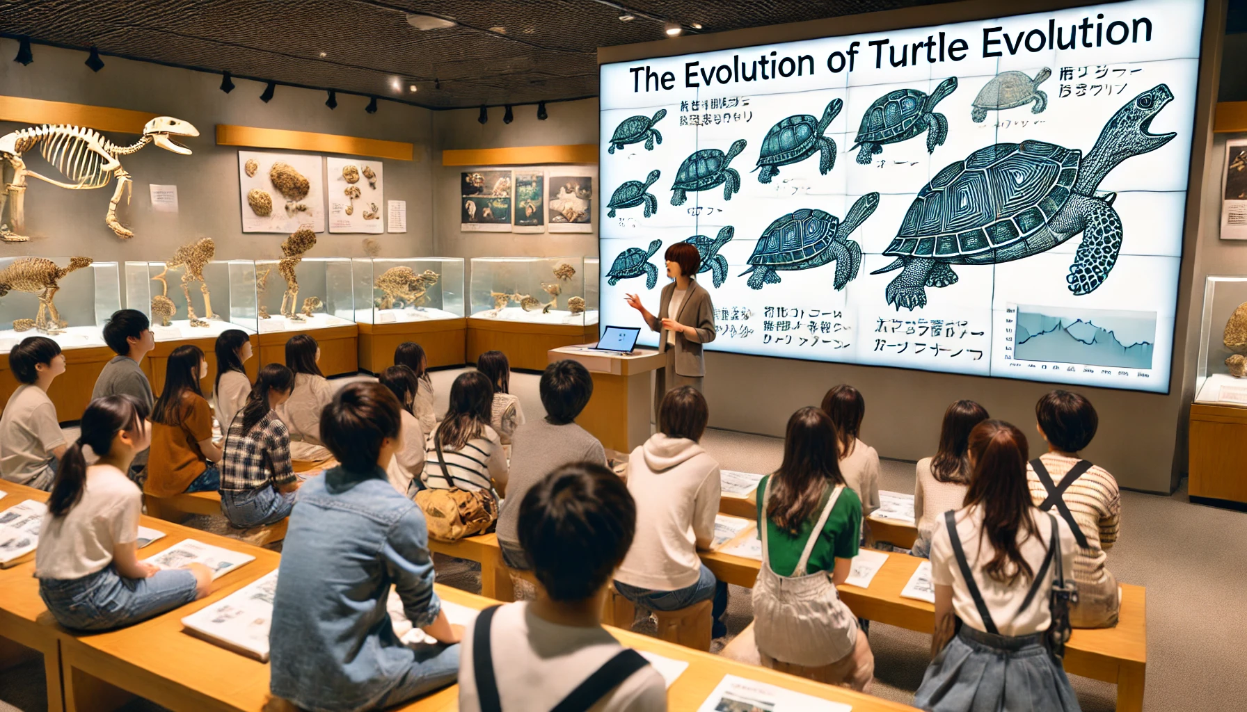 A group of people in a classroom or museum setting, learning about turtle evolution. The atmosphere is educational, with a Japanese presenter explaining the evolution of turtles on a large screen showing diagrams of turtle evolution. The group is engaged, paying close attention, with displays of turtle fossils and modern turtles present.