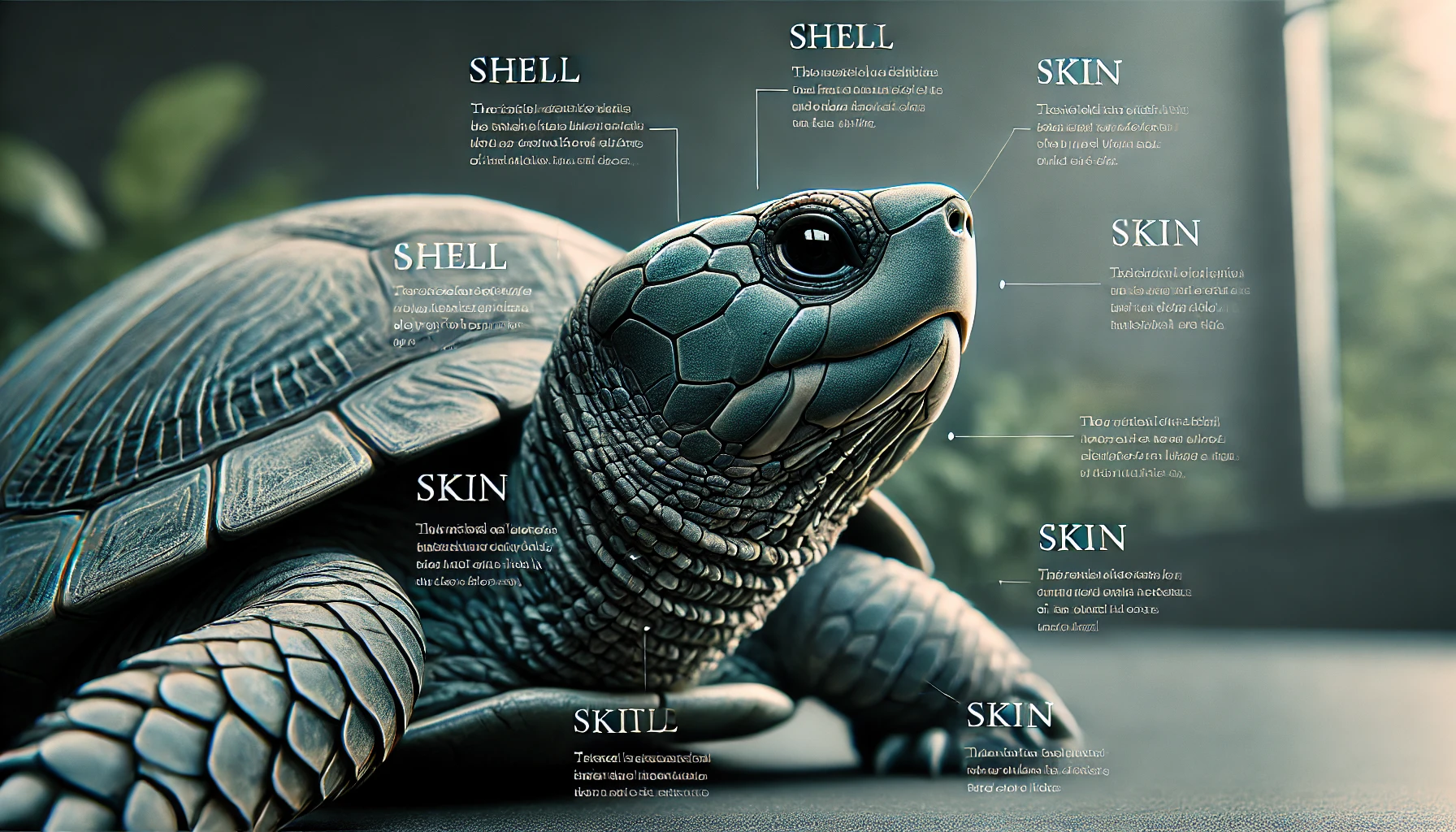 A close-up of a turtle showcasing its unique features like its shell and skin. The image highlights the turtle's detailed characteristics in a natural setting with clear focus on the shell texture and skin patterns. The background is minimal, with some greenery to emphasize the turtle's structure. The mood is informative and focuses on the strengths of the turtle’s features.