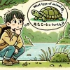 A Japanese person looking at a turtle in a natural environment, pondering with a curious expression, surrounded by nature. The scene represents the question 'What type of animal is a turtle?' and the turtle is present, resting on the ground near water. The background has trees, a lake, and a calm atmosphere, illustrating a peaceful, thoughtful moment.