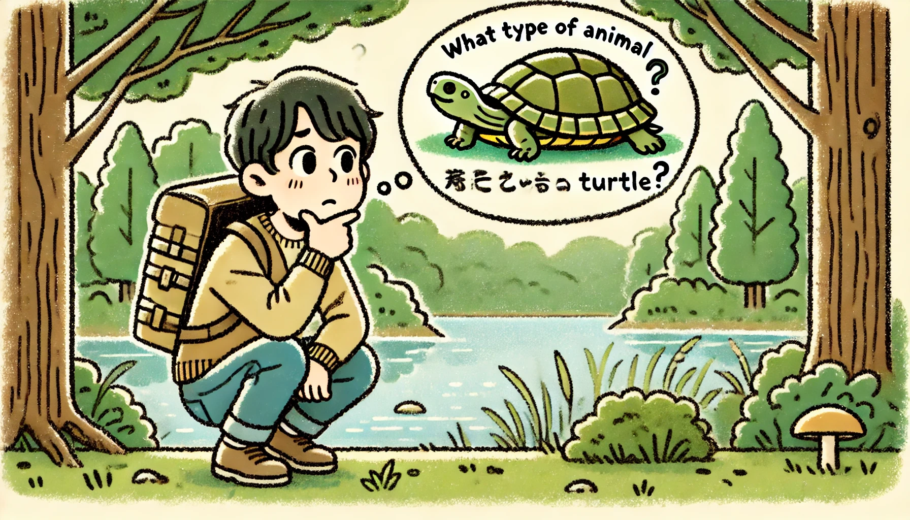 A Japanese person looking at a turtle in a natural environment, pondering with a curious expression, surrounded by nature. The scene represents the question 'What type of animal is a turtle?' and the turtle is present, resting on the ground near water. The background has trees, a lake, and a calm atmosphere, illustrating a peaceful, thoughtful moment.