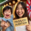 A happy baby and a smiling high school girl celebrating after passing an audition. They are outdoors, with a Japanese backdrop and natural light. The baby is being held by a parent, while the high school girl is holding an acceptance letter. They both look excited and joyful, having passed the highly competitive audition where only 1-2 people are selected annually.