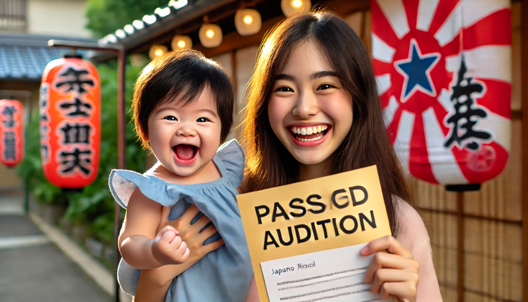 A happy baby and a smiling high school girl celebrating after passing an audition. They are outdoors, with a Japanese backdrop and natural light. The baby is being held by a parent, while the high school girl is holding an acceptance letter. They both look excited and joyful, having passed the highly competitive audition where only 1-2 people are selected annually.