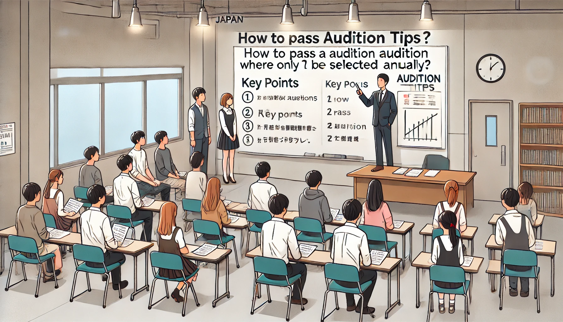 A classroom setting in Japan with students learning about audition tips. A group of individuals, including a teacher, is engaged in a discussion about how to pass auditions. A whiteboard behind them has key points about the audition process. Everyone is focused and paying attention, representing individuals understanding how to pass a competitive audition where only 1-2 are selected annually.